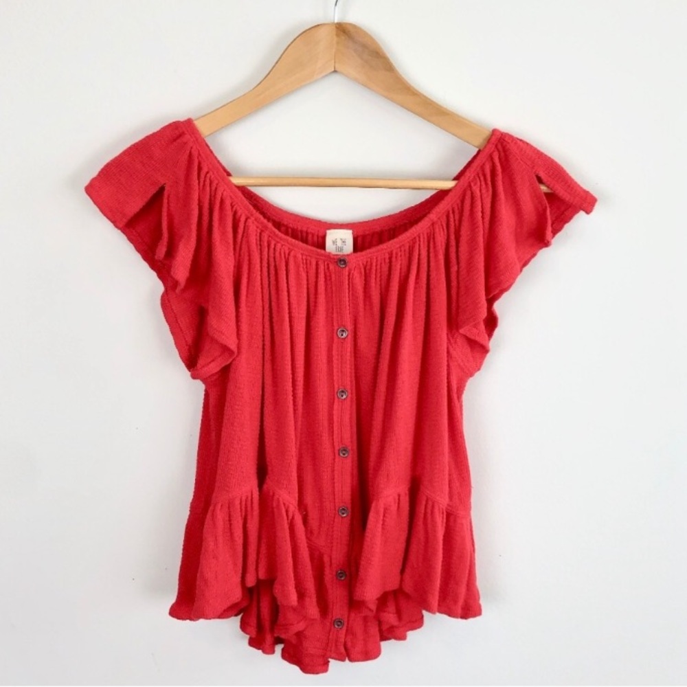 Free People Off the Shoulder Top Bright Coral Red